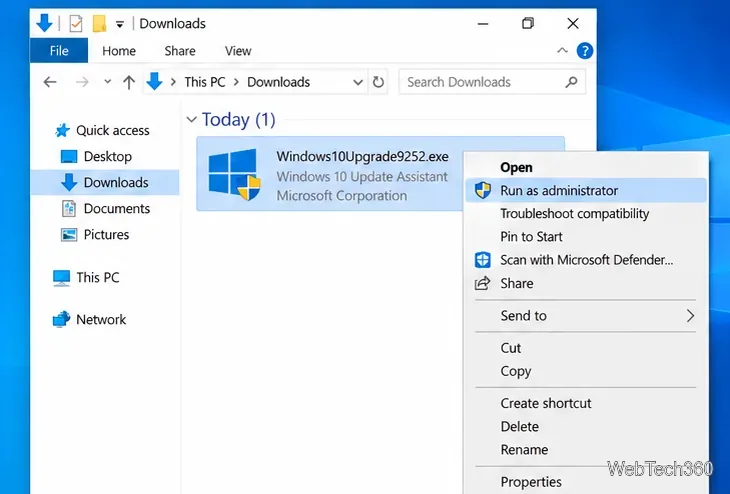 Windows ダウンロードフォルダを開き、Windows 10 Update Assistant の実行ファイルを選択した状態で起動します。