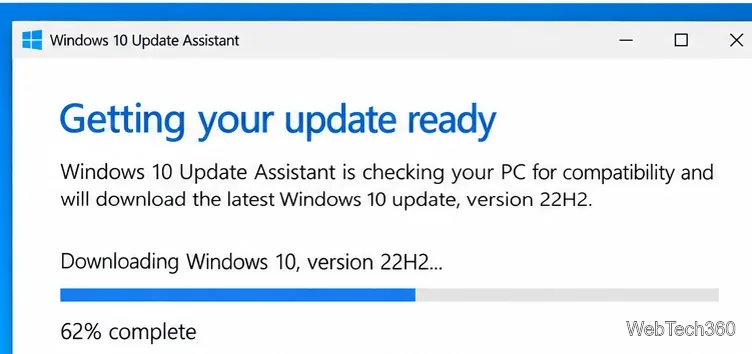 Windows 10 Update Assistantウィンドウに、Windows 10バージョン22H2のダウンロードが進行中であることが表示されている。