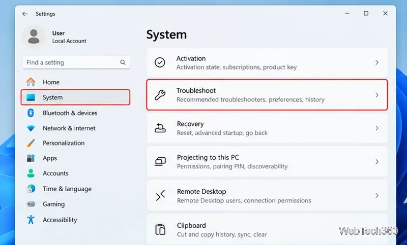 Страница «Системные параметры» в Windows 11 с выделенным пунктом «Устранение неполадок».