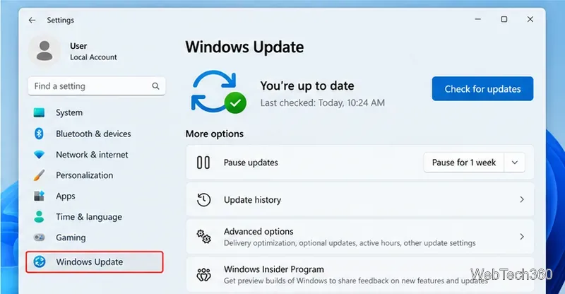 Страница Центра обновления Windows 11 с кнопкой «Проверить наличие обновлений».