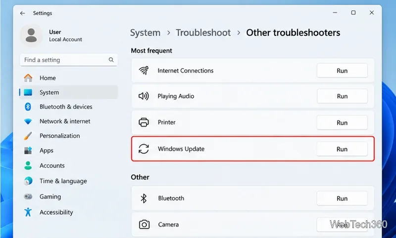 Страница «Другие средства устранения неполадок» в Windows 11, на которой выделены «Центр обновления Windows» и «Выполнить».