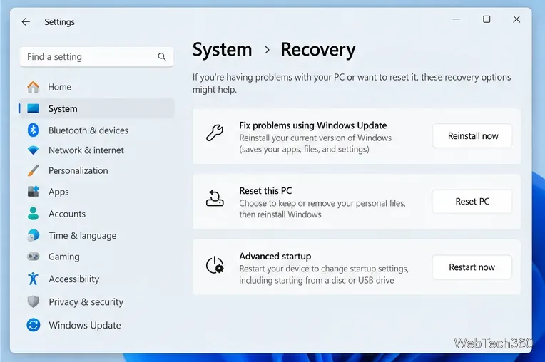 Страница восстановления системы Windows 11 с решением проблем с помощью Центра обновления Windows.