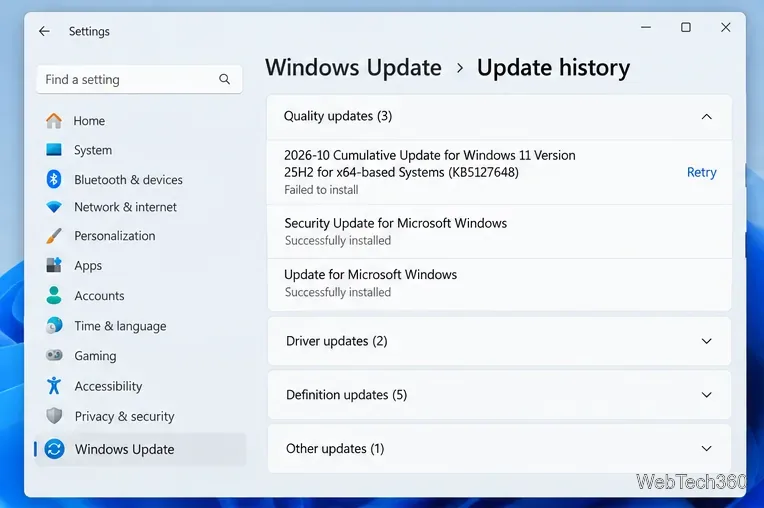 В истории обновлений Windows 11 отображается неудачное накопительное обновление.