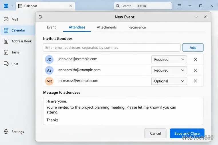 Thunderbird event attendee panel showing required and optional invitees