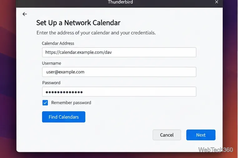 Thunderbird network calendar setup dialog for entering calendar server and account details
