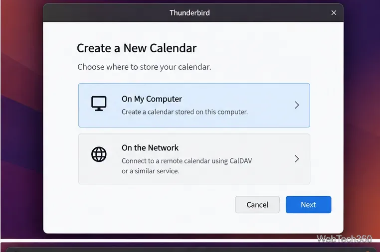 Thunderbird Create a New Calendar dialog showing On My Computer and On the Network choices