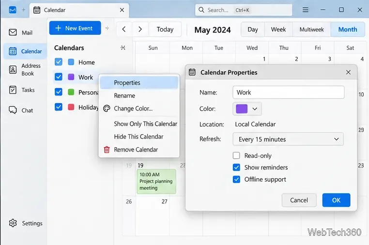 Thunderbird Calendar Properties dialog with color, refresh, reminders, and offline support options