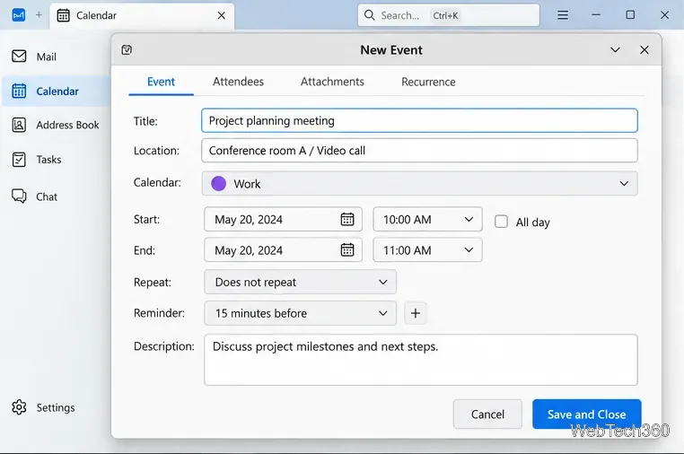 Thunderbird New Event window with title, location, calendar, time, reminder, and description fields
