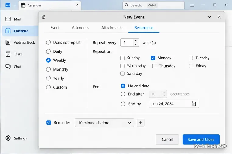 Thunderbird event recurrence settings showing a weekly repeat schedule and reminder