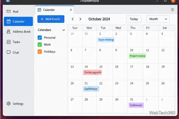 Thunderbird month calendar view with several calendars enabled in the left sidebar