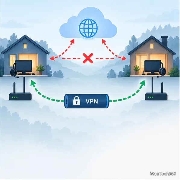 兩個家庭網絡,一條直接路由被阻止,並分別使用一條獨立的 VPN 路徑。