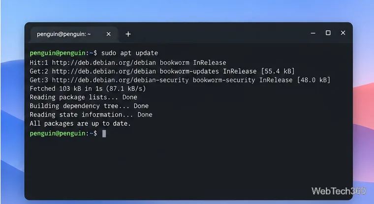 Penguin Linuxのターミナルで、プロンプトに「sudo apt update」と入力した。