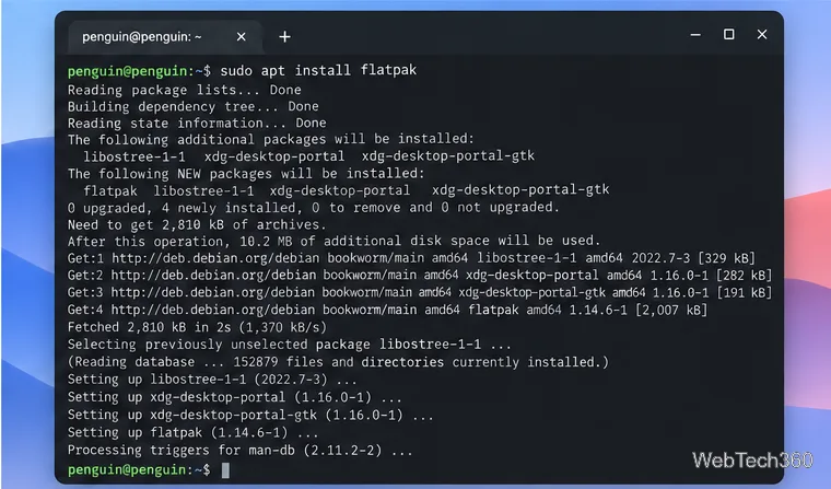 Penguin Linux ターミナルで apt を使用して flatpak パッケージをインストールしています。