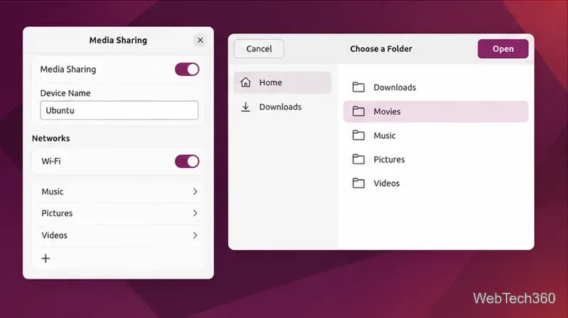 Media Sharing folder list beside a folder chooser with Movies selected and the Open button visible