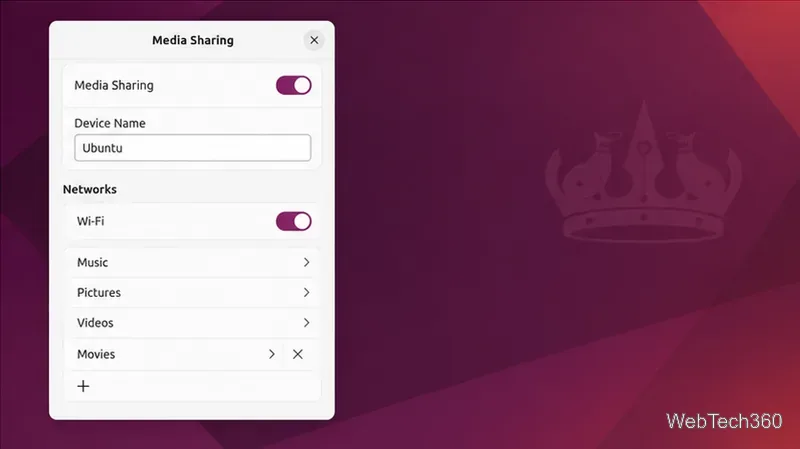 Media Sharing list containing Music, Pictures, Videos, and a custom Movies folder with its remove control