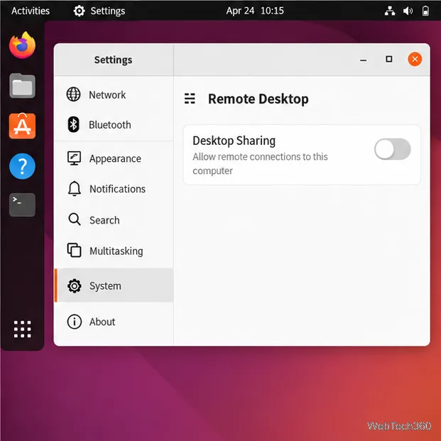 Ubuntu Settings Remote Desktop page with Desktop Sharing switched off.