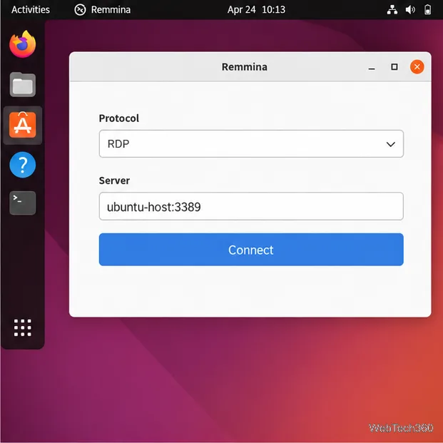 Remmina connection screen with RDP selected and ubuntu-host:3389 in the Server field.