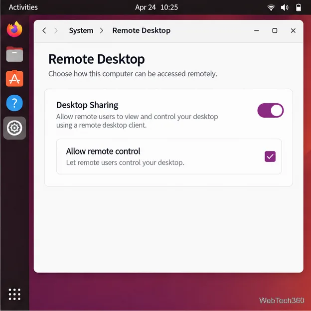 Ubuntu Remote Desktop settings with Desktop Sharing enabled and Allow remote control selected.