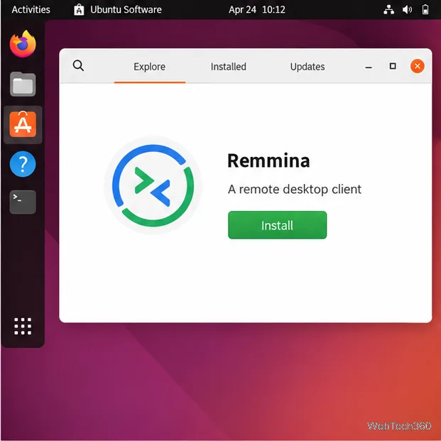 Ubuntu Software showing Remmina as a remote desktop client with an Install button.
