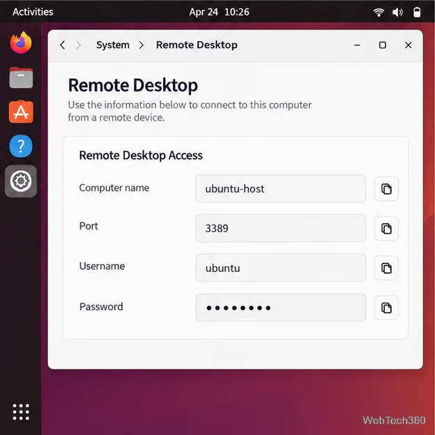 Ubuntu Remote Desktop access details list a computer name, port, username, and masked password.