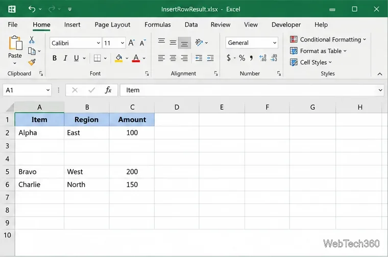Planilha do Excel com duas linhas em branco inseridas entre Alpha e Bravo, deslocando os registros posteriores para baixo.