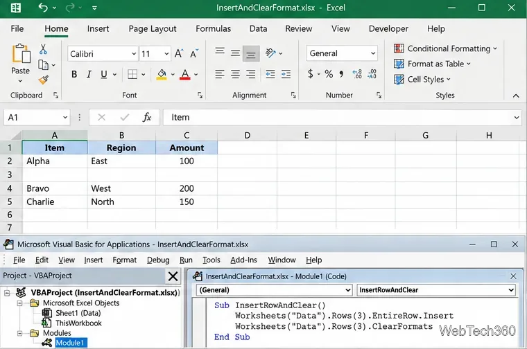 Planilha do Excel com uma linha 3 em branco e código VBA que chama EntireRow.Insert e ClearFormats.