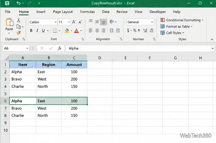 Planilha do Excel com uma cópia da linha Alfa inserida na linha 6, enquanto a linha original permanece no lugar.