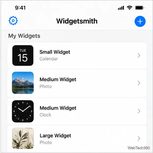 Um painel ilustrativo do Widgetsmith com uma lista "Meus Widgets" e um botão de adição para criar outro widget.