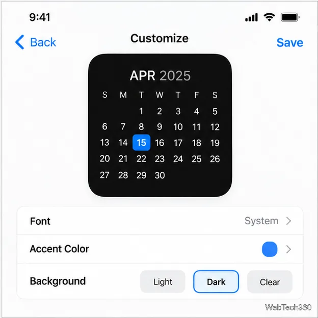 Uma pré-visualização ilustrativa do widget de calendário com controles para fonte, cor de destaque e plano de fundo.