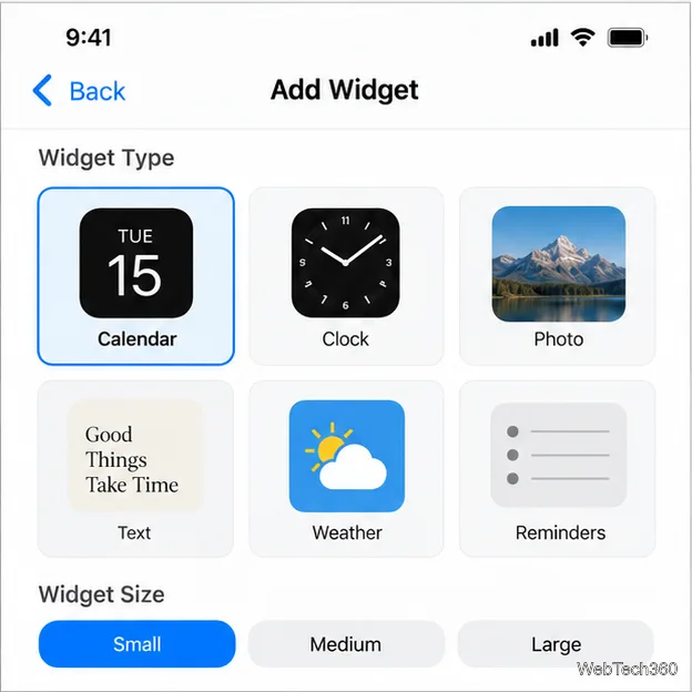 Uma galeria ilustrativa do Widgetsmith mostrando os tipos de widgets Calendário, Relógio, Foto, Texto, Clima e Lembretes com opções de tamanho.