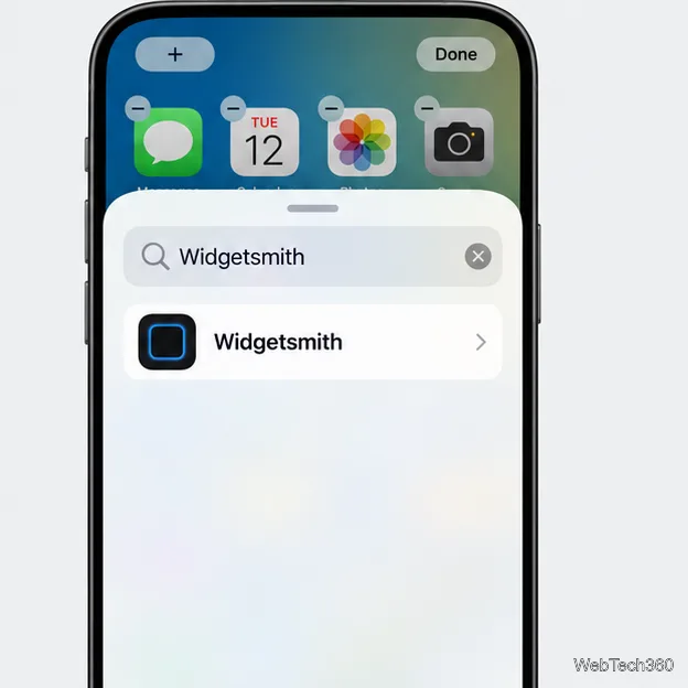 Uma tela inicial ilustrativa do iPhone em modo de edição com o widget Widgetsmith inserido no campo de busca da galeria de widgets.