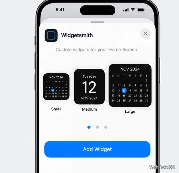 Um seletor de tamanho ilustrativo do Widgetsmith para iOS, com pré-visualizações para widgets pequenos, médios e grandes, além de um botão "Adicionar Widget".