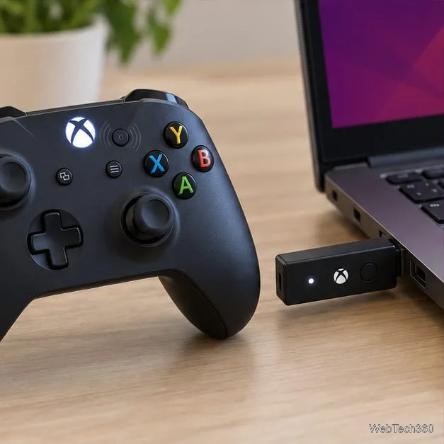 Xbox 控制器和無線轉接器放在一台 Linux 筆記型電腦旁邊,配對按鈕清晰可見。