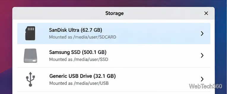 Il selettore di dispositivi di archiviazione di Raspberry Pi Imager elenca schede SD, SSD e unità USB.