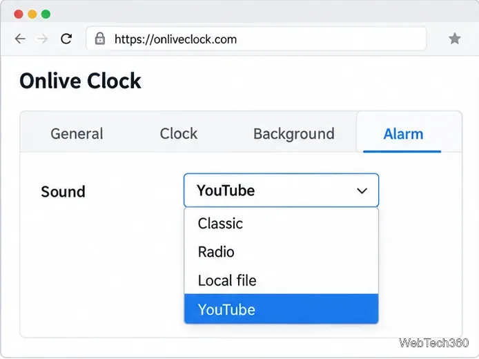 サウンドメニューでYouTubeを選択したアラーム設定パネル