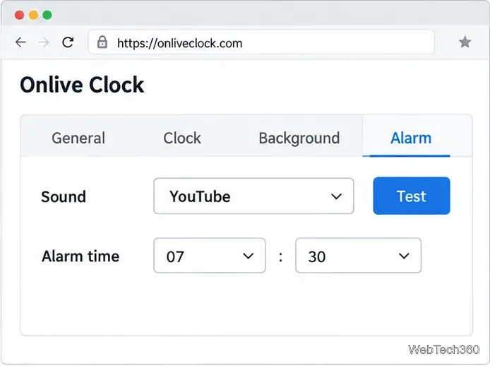 YouTubeを選択した状態でのアラーム設定、テストボタン、および選択したアラーム時刻