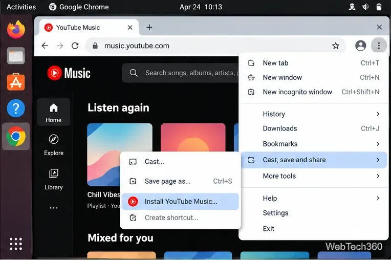Menú de Chrome en Linux que muestra las opciones de transmitir, guardar y compartir e instalar YouTube Music.