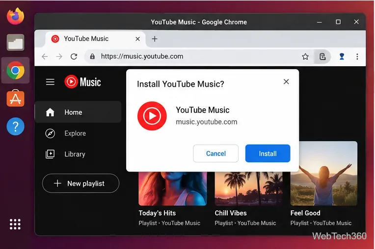 Diálogo de confirmación de instalación de Chrome para la aplicación web de YouTube Music en Linux