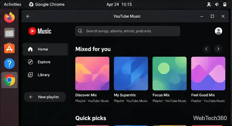 YouTube Music se ejecuta en una ventana de aplicación independiente en un escritorio Linux después de la instalación.