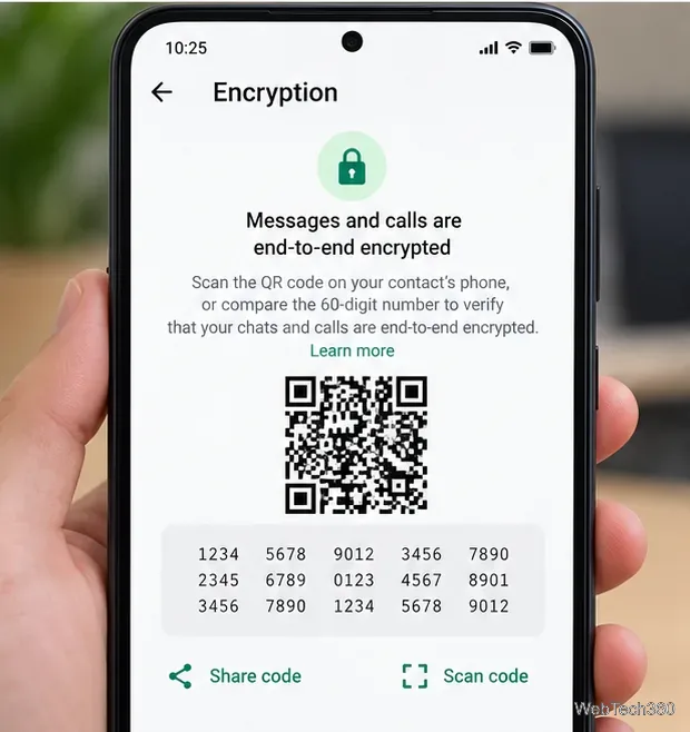 WhatsAppの暗号化画面には、セキュリティQRコード、60桁の数字、コード共有およびスキャンコントロールが表示されます。
