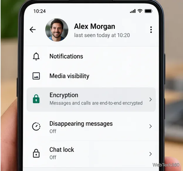 暗号化オプションが強調表示されたWhatsAppの連絡先情報画面