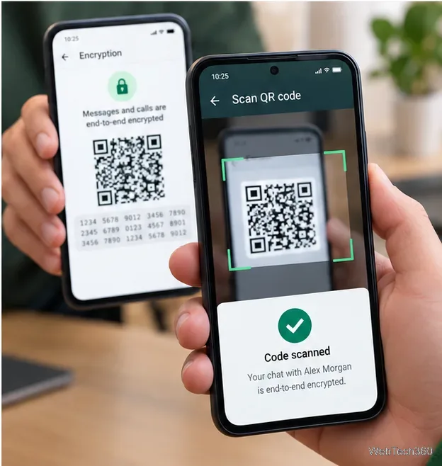 WhatsAppの暗号化認証画面が表示されている2台のスマートフォン。1台はQRコードをスキャンし、緑色の確認チェックマークを表示している。