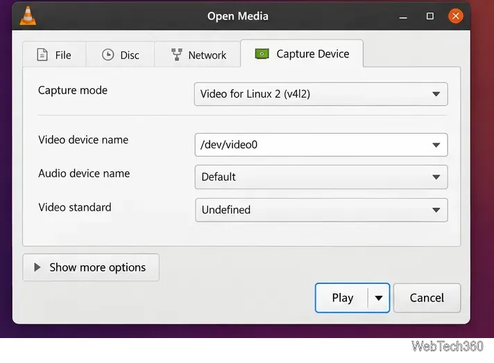 Die VLC-Aufnahmeeinstellungen zeigen /dev/video0 als Linux-Webcam-Gerät an.