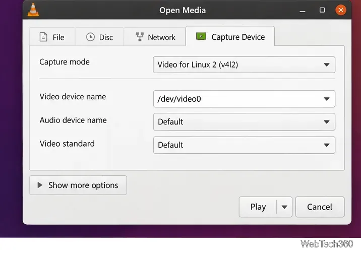 VLC-Mediendialog unter Linux mit Video für Linux 2 als Aufnahmemodus ausgewählt
