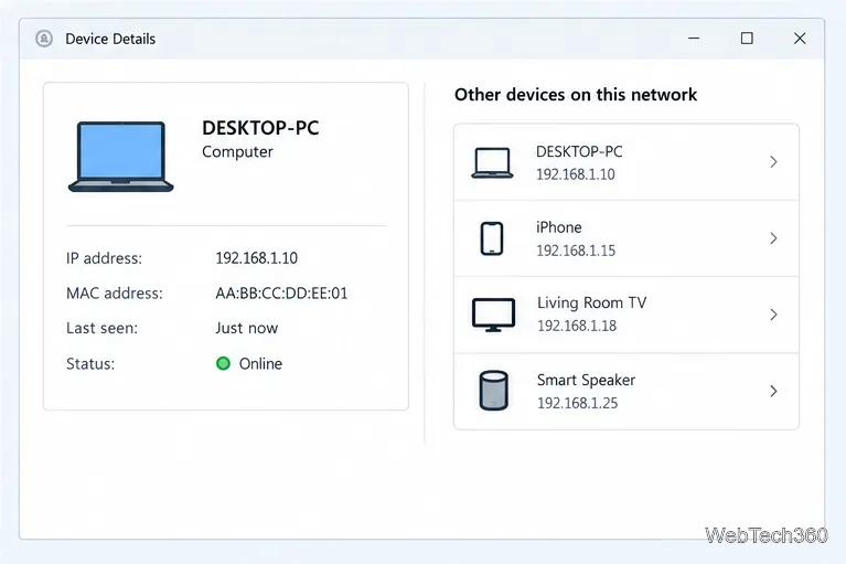 Device details mockup showing a computer name, local IP address, MAC address, last-seen status, and a checklist of other devices