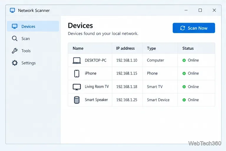 Illustrative desktop network scanner device list with a Scan Now control and local IP addresses
