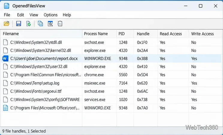 OpenedFilesViewは、開いているファイルのパスを、プロセス名、PID、ハンドル、および読み取りまたは書き込みアクセス権とともに一覧表示します。