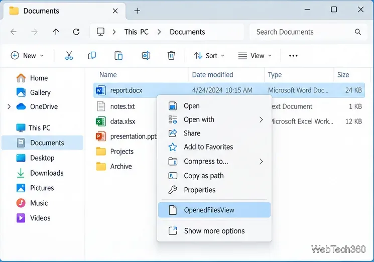 ファイルエクスプローラーには、選択されたreport.docxファイルと、コンテキストメニューの「OpenedFilesView」コマンドが表示されます。