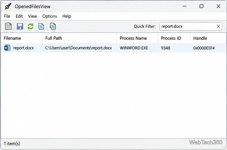 OpenedFilesViewクイックフィルターは、リストをreport.docxに絞り込み、WINWORD.EXEとそのプロセスIDを表示します。