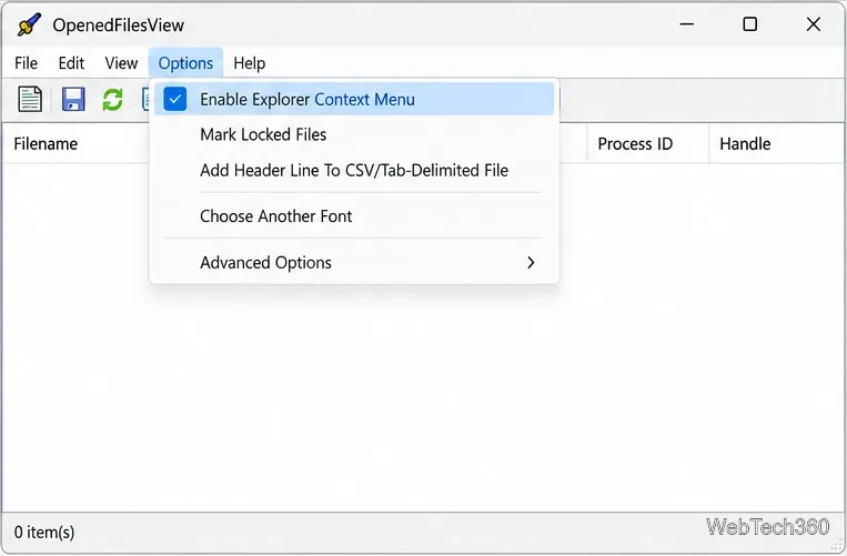 OpenedFilesViewのオプションメニューで、「エクスプローラのコンテキストメニューを有効にする」にチェックが入っている。